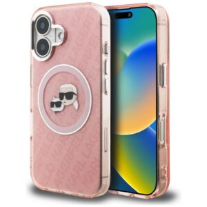 Karl Lagerfeld IML Glitter Karl & Choupette Heads Logo MagSafe tok iPhone 16 készülékhez (rózsaszín)