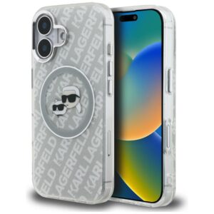 Karl Lagerfeld IML Glitter Karl & Choupette Heads Logo MagSafe tok iPhone 16 készülékhez (szürke)