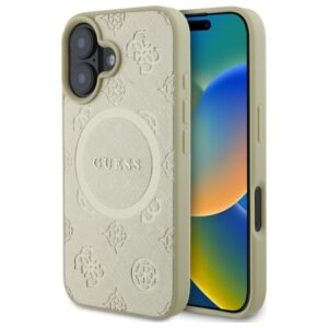 Guess Saffiano Peony Classic Logo MagSafe tok iPhone 16 készülékhez (arany)