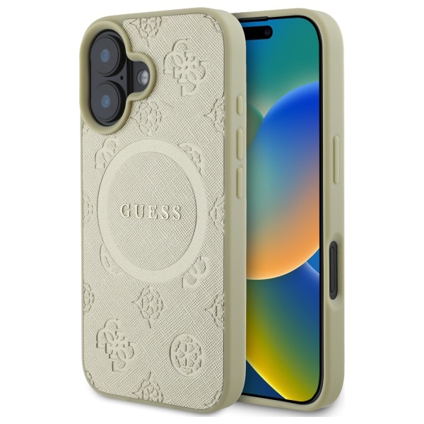 iTok webáruház - Guess Guess Saffiano Peony Classic Logo MagSafe tok iPhone 16 készülékhez (arany) 1 Guess Saffiano Peony Classic Logo MagSafe case for iPhone 16 (arany)