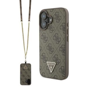 Guess bőr, fém logós strasszos keresztpántos tok iPhone 16 készülékhez (barna)