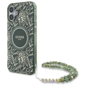Guess IML Flowers Allover Electro With Pearl Strap MagSafe tok iPhone 16-hoz (zöld)