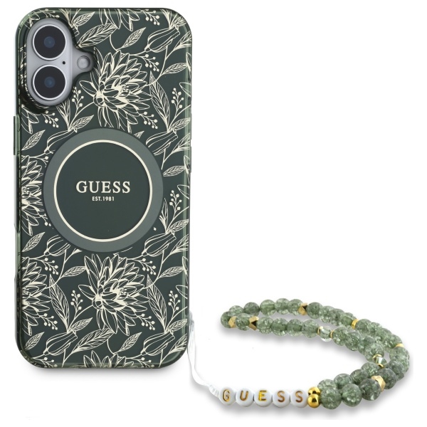 iTok webáruház - Guess Guess IML Flowers Allover Electro With Pearl Strap MagSafe tok iPhone 16-hoz (zöld) 2 Guess IML Flowers Allover Electro With Pearl Strap MagSafe case for iPhone 16 (zöld)