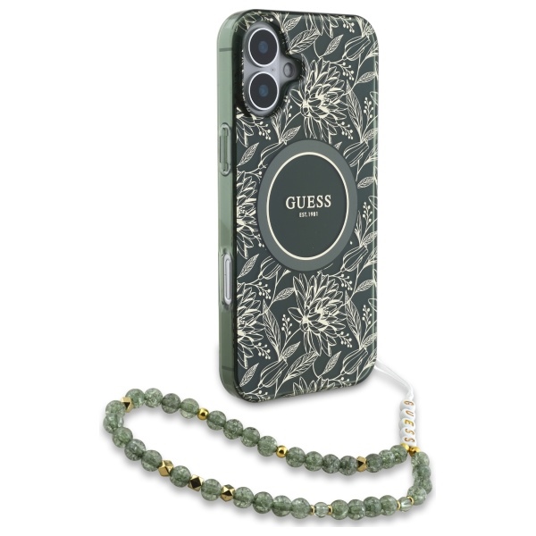iTok webáruház - Guess Guess IML Flowers Allover Electro With Pearl Strap MagSafe tok iPhone 16-hoz (zöld) 3 Guess IML Flowers Allover Electro With Pearl Strap MagSafe case for iPhone 16 (zöld)