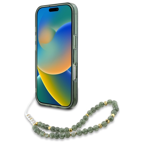 iTok webáruház - Guess Guess IML Flowers Allover Electro With Pearl Strap MagSafe tok iPhone 16-hoz (zöld) 4 Guess IML Flowers Allover Electro With Pearl Strap MagSafe case for iPhone 16 (zöld)