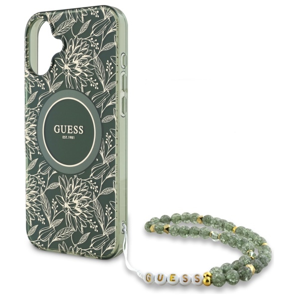 iTok webáruház - Guess Guess IML Flowers Allover Electro With Pearl Strap MagSafe tok iPhone 16-hoz (zöld) 5 Guess IML Flowers Allover Electro With Pearl Strap MagSafe case for iPhone 16 (zöld)
