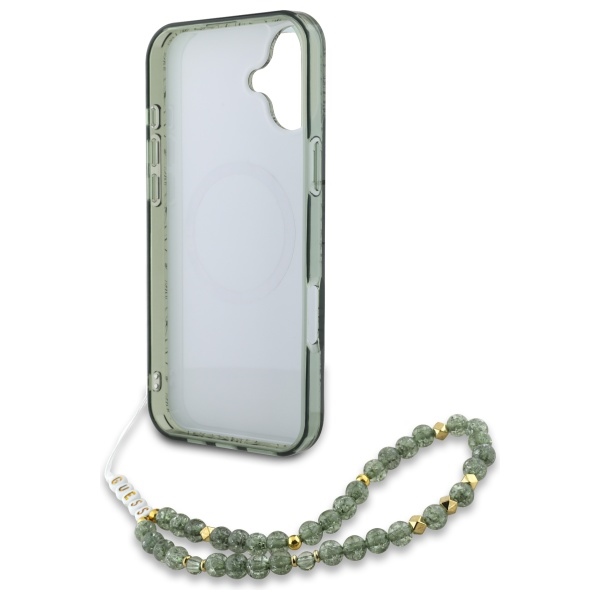 iTok webáruház - Guess Guess IML Flowers Allover Electro With Pearl Strap MagSafe tok iPhone 16-hoz (zöld) 6 Guess IML Flowers Allover Electro With Pearl Strap MagSafe case for iPhone 16 (zöld)