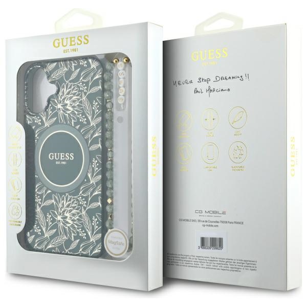 iTok webáruház - Guess Guess IML Flowers Allover Electro With Pearl Strap MagSafe tok iPhone 16-hoz (zöld) 7 Guess IML Flowers Allover Electro With Pearl Strap MagSafe case for iPhone 16 (zöld)