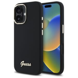 Guess Silicone Script Metal Logo & Frame szilikon tok iPhone 16 készülékhez (fekete)