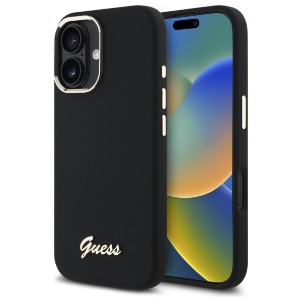 iTok webáruház - Guess Guess Silicone Script Metal Logo & Frame szilikon tok iPhone 16 készülékhez (fekete) 1 Guess Silicone Script Metal Logo & Frame Case for iPhone 16 (fekete)