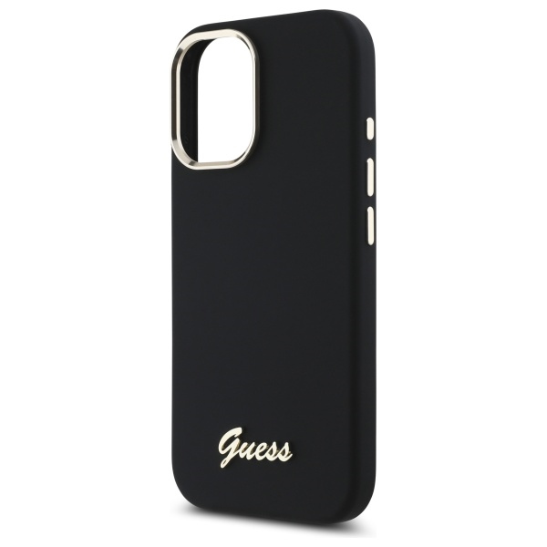 iTok webáruház - Guess Guess Silicone Script Metal Logo & Frame szilikon tok iPhone 16 készülékhez (fekete) 6 Guess Silicone Script Metal Logo & Frame Case for iPhone 16 (fekete)