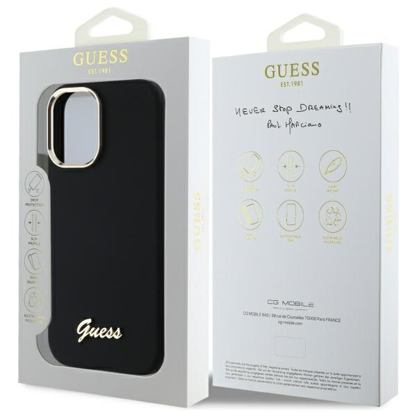 iTok webáruház - Guess Guess Silicone Script Metal Logo & Frame szilikon tok iPhone 16 készülékhez (fekete) 8 Guess Silicone Script Metal Logo & Frame Case for iPhone 16 (fekete)