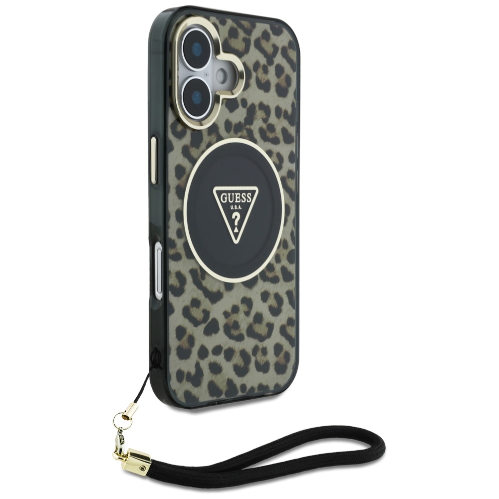 iTok webáruház - Guess Guess HC IML Leopard Triangle Cord Strap MagSafe iPhone 16 tok (barna) 3 Guess HC IML Leopard Triangle Cord Strap MagSafe iPhone 16 Case (barna)