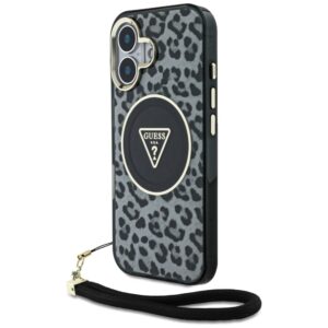 Guess HC IML Leopard Triangle Cord Strap MagSafe tok iPhone 16-hoz (fekete)