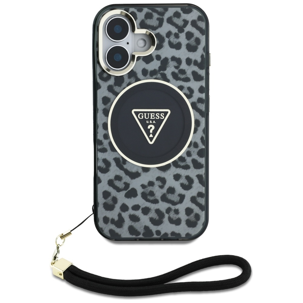 iTok webáruház - Guess Guess HC IML Leopard Triangle Cord Strap MagSafe tok iPhone 16-hoz (fekete) 2 Guess HC IML Leopard Triangle Cord Strap MagSafe case for iPhone 16 (fekete)