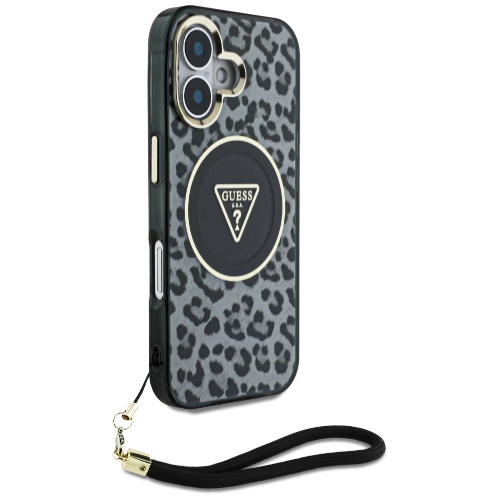iTok webáruház - Guess Guess HC IML Leopard Triangle Cord Strap MagSafe tok iPhone 16-hoz (fekete) 3 Guess HC IML Leopard Triangle Cord Strap MagSafe case for iPhone 16 (fekete)
