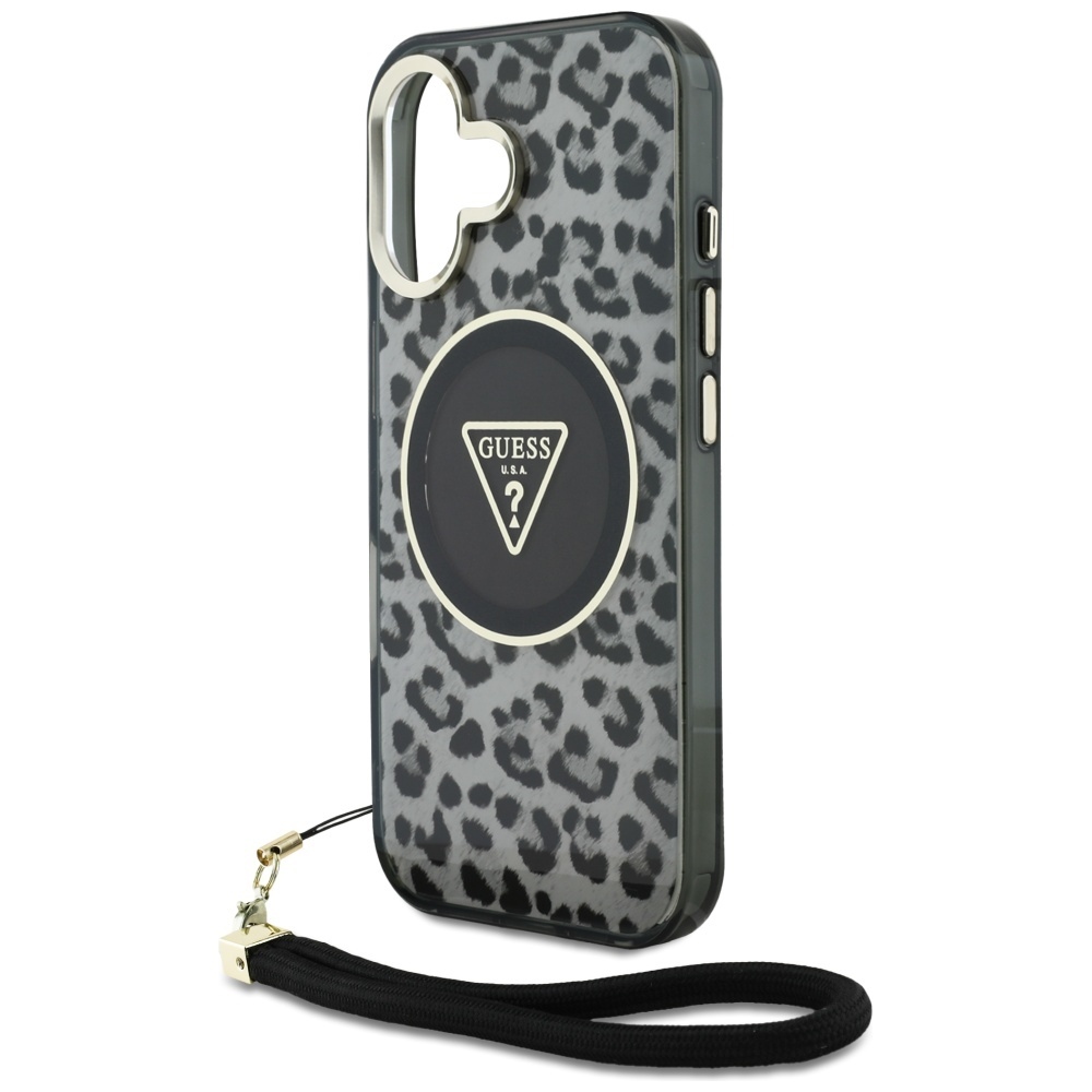 iTok webáruház - Guess Guess HC IML Leopard Triangle Cord Strap MagSafe tok iPhone 16-hoz (fekete) 5 Guess HC IML Leopard Triangle Cord Strap MagSafe case for iPhone 16 (fekete)