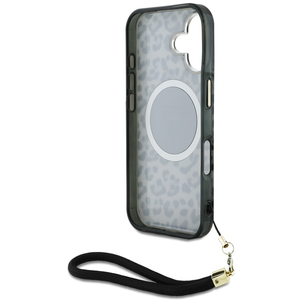 iTok webáruház - Guess Guess HC IML Leopard Triangle Cord Strap MagSafe tok iPhone 16-hoz (fekete) 6 Guess HC IML Leopard Triangle Cord Strap MagSafe case for iPhone 16 (fekete)