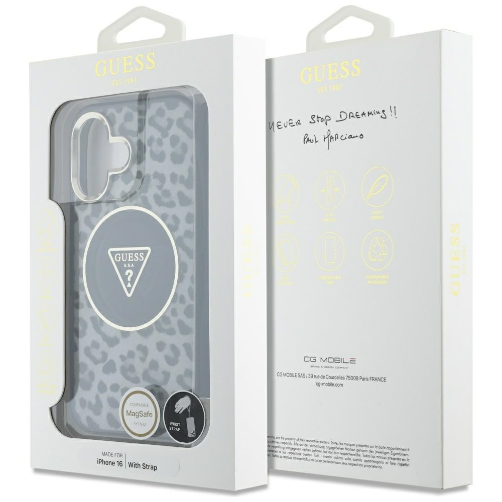 iTok webáruház - Guess Guess HC IML Leopard Triangle Cord Strap MagSafe tok iPhone 16-hoz (fekete) 7 Guess HC IML Leopard Triangle Cord Strap MagSafe case for iPhone 16 (fekete)
