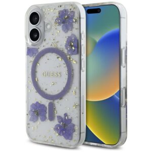 Guess Resin Flowers Glitter MagSafe tok iPhone 16-hoz (lila)