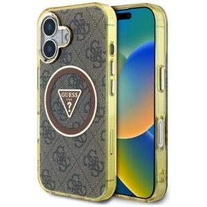 Guess IML Metal Glitter 4G Circle Triangle MagSafe tok iPhone 16-hoz (barna)