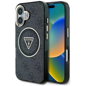 Guess IML Metal Glitter 4G Circle Triangle MagSafe tok iPhone 16-hoz (fekete)