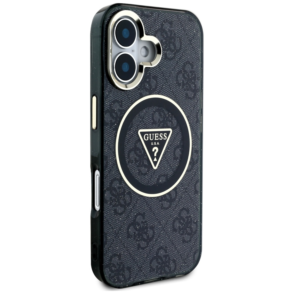 iTok webáruház - Guess Guess IML Metal Glitter 4G Circle Triangle MagSafe tok iPhone 16-hoz (fekete) 4 Guess IML Metal Glitter 4G Circle Triangle MagSafe Case for iPhone 16 (fekete)