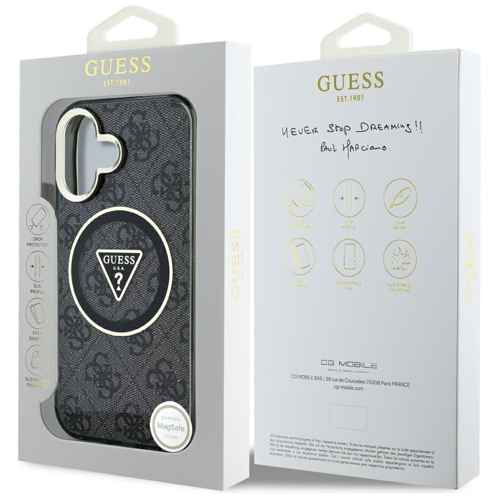 iTok webáruház - Guess Guess IML Metal Glitter 4G Circle Triangle MagSafe tok iPhone 16-hoz (fekete) 8 Guess IML Metal Glitter 4G Circle Triangle MagSafe Case for iPhone 16 (fekete)