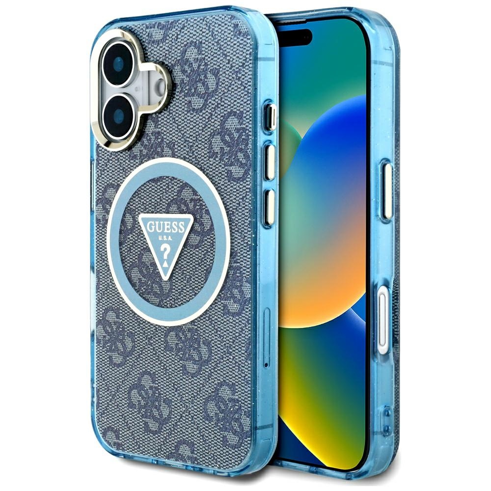 iTok webáruház - Guess Guess IML Metal Glitter 4G Circle Triangle MagSafe tok iPhone 16 készülékhez (kék) 1 Guess IML Metal Glitter 4G Circle Triangle MagSafe Case for iPhone 16 (kék)