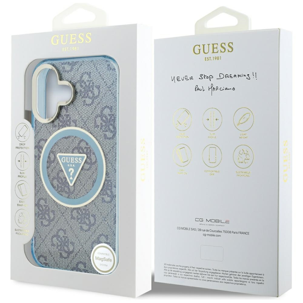 iTok webáruház - Guess Guess IML Metal Glitter 4G Circle Triangle MagSafe tok iPhone 16 készülékhez (kék) 8 Guess IML Metal Glitter 4G Circle Triangle MagSafe Case for iPhone 16 (kék)