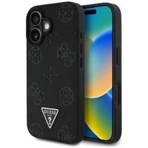Guess Grained Hot Stamp Peony Triangle Logo MagSafe tok iPhone 16-hoz (fekete)