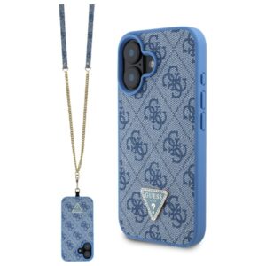 Guess bőr, fémlogós strasszos crossbody tok iPhone 16-hoz (kék)