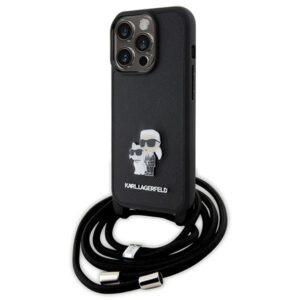 Karl Lagerfeld Crossbody Saffiano Metal Pin Karl & Choupette tok iPhone 15 Pro készülékhez (fekete)