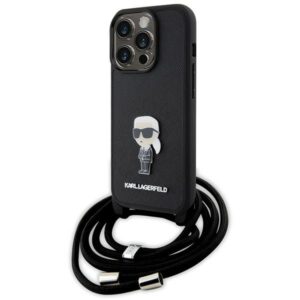 Karl Lagerfeld Crossbody Saffiano Monogram Metal Pin Karl & Choupette tok iPhone 15 Pro készülékhez (fekete)