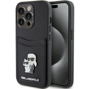 Karl Lagerfeld Saffiano Cardslot Karl&Choupette Metal Pin tok iPhone 15 Pro (fekete)