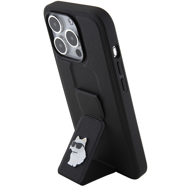 iTok webáruház - Karl Lagerfeld Karl Lagerfeld Gripstand Saffiano Choupette Pins tok iPhone 15 Pro készülékhez (fekete) 2 Karl Lagerfeld Gripstand Saffiano Choupette Pins case for iPhone 15 Pro (fekete)