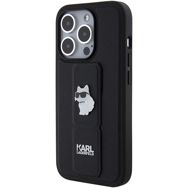 iTok webáruház - Karl Lagerfeld Karl Lagerfeld Gripstand Saffiano Choupette Pins tok iPhone 15 Pro készülékhez (fekete) 3 Karl Lagerfeld Gripstand Saffiano Choupette Pins case for iPhone 15 Pro (fekete)