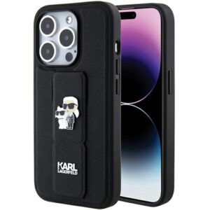 Karl Lagerfeld Gripstand Saffiano Karl&Choupette Pins case for iPhone 15 Pro (fekete)