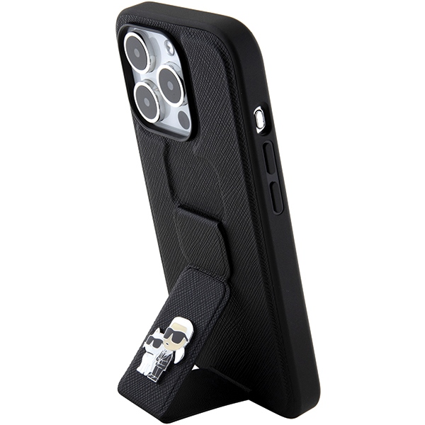 iTok webáruház - Karl Lagerfeld Karl Lagerfeld Gripstand Saffiano Karl&Choupette Pins case for iPhone 15 Pro (fekete) 2 Karl Lagerfeld Gripstand Saffiano Karl&Choupette Pins case for iPhone 15 Pro (fekete)
