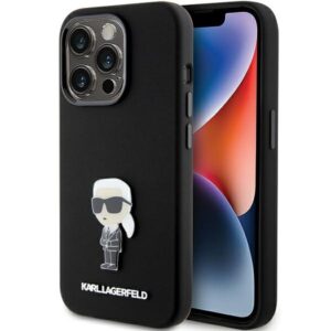 Karl Lagerfeld Silicone Ikonik Metal Pin tok iPhone 15 Pro készülékhez (fekete)