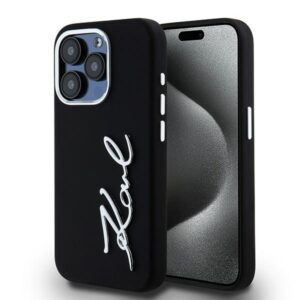 Karl Lagerfeld Silicone Metal Script Logo szilikon tok iPhone 15 Pro készülékhez (fekete)