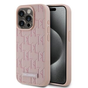 Karl Lagerfeld Leather Monogram Metal Logo tok iPhone 15 Pro készülékhez (rózsaszín)