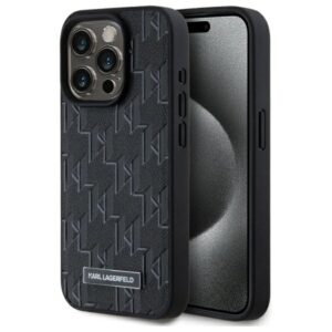 Karl Lagerfeld bőr monogramos, fém logós MagSafe tok iPhone 15 Pro készülékhez (fekete)