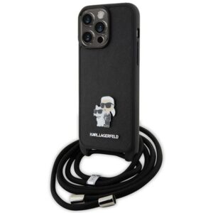 Karl Lagerfeld Crossbody Saffiano Metal Pin Karl & Choupette tok iPhone 15 Pro Max készülékhez (fekete)