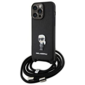 Karl Lagerfeld Crossbody Saffiano Monogram Metal Pin Karl & Choupette tok iPhone 15 Pro Max készülékhez (fekete)