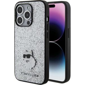 Karl Lagerfeld Glitter Choupette Logo Metal tok iPhone 15 Pro Max készülékhez (ezüst)