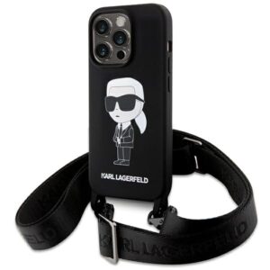 Karl Lagerfeld KLHCP15XSCBSKNK Crossbody Silicone Ikonik tok iPhone 15 Pro Max készülékhez, fekete