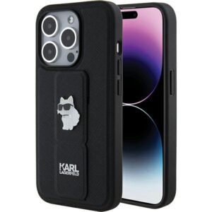 Karl Lagerfeld Gripstand Saffiano Choupette Pins tok iPhone 15 Pro Max készülékhez (fekete)