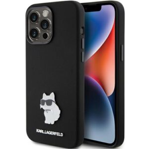 Karl Lagerfeld Silicone Choupette Metal Pin szilikon tok iPhone 15 Pro Max készülékhez (fekete)