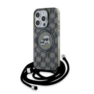 Karl Lagerfeld IML Crossbody Monogram Karl & Choupette Head MagSafe tok iPhone 15 Pro Max készülékhez (fekete)